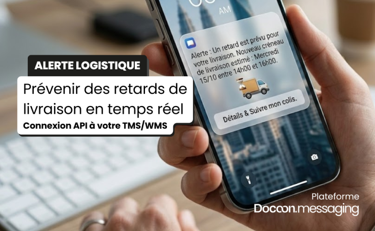 Illustration écran smartphone SMS retard de livraison avec Docoon Messaging.